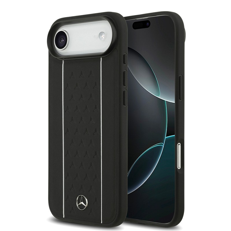 Apple iPhone 17 Air Case Mercedes Benz Original Licensed M-Safe Charging Feature Striped Star Patterned Metal Logo Leather Cover - 2