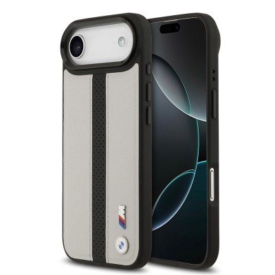 Apple iPhone 17 Air Kılıf BMW Orjinal Lisanslı M-safe Şarj Özellikli Deri Arka Yüzey Metal Logolu Delikli Şerit Tasarımlı Kapak Gri