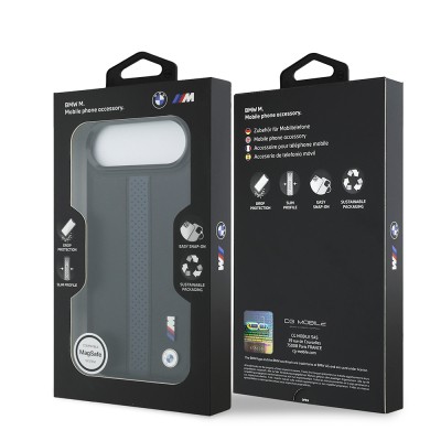 Apple iPhone 17 Air Kılıf BMW Orjinal Lisanslı M-safe Şarj Özellikli Deri Arka Yüzey Metal Logolu Delikli Şerit Tasarımlı Kapak - 25