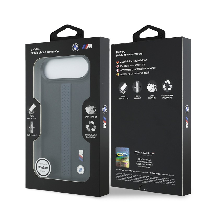 Apple iPhone 17 Air Kılıf BMW Orjinal Lisanslı M-safe Şarj Özellikli Deri Arka Yüzey Metal Logolu Delikli Şerit Tasarımlı Kapak - 25
