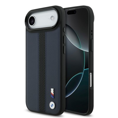 Apple iPhone 17 Air Kılıf BMW Orjinal Lisanslı M-safe Şarj Özellikli Deri Arka Yüzey Metal Logolu Delikli Şerit Tasarımlı Kapak Lacivert