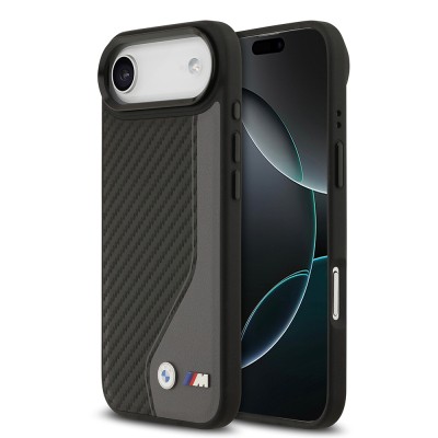 Apple iPhone 17 Air Kılıf BMW Orjinal Lisanslı M-safe Şarj Özellikli Metal BMW ve M Logolu PU Karbon Tasarımlı Kapak Siyah