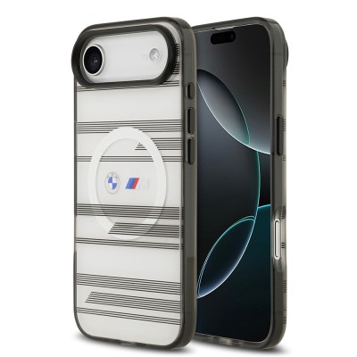 Apple iPhone 17 Air Kılıf BMW Orjinal Lisanslı M-safe Şarj Özellikli Metal Kamera Butonlu Yatay Şeritli M Dizayn Kapak Gümüş