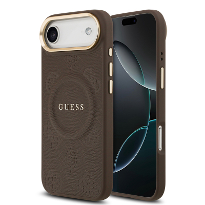 Apple iPhone 17 Air Kılıf Guess Orjinal Lisanslı M-safe Şarj Özellikli Sıcak Baskılı Yazı Logolu PU Deri Peony Kapak - Guess