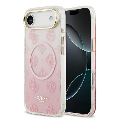 Apple iPhone 17 Air Kılıf Guess Orjinal Lisanslı M-safe Şarj Özellikli Simli Peony Desenli Silikon Kapak - Guess
