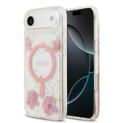 Apple iPhone 17 Air Kılıf Guess Orjinal Lisanslı M-safe Şarj Özellikli Transparan Resin Flowers Kapak - 3