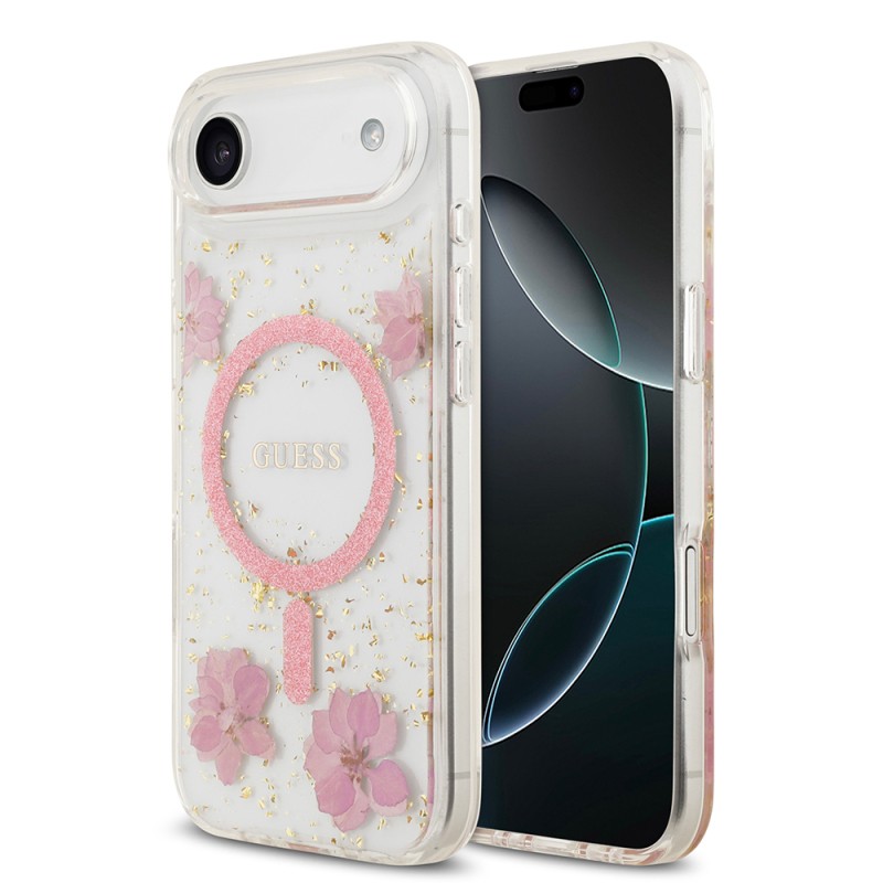 Apple iPhone 17 Air Kılıf Guess Orjinal Lisanslı M-safe Şarj Özellikli Transparan Resin Flowers Kapak - 3