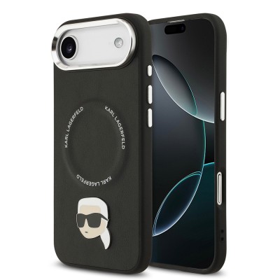 Apple iPhone 17 Air Kılıf Karl Lagerfeld Orjinal Lisanslı M-safe Şarj Özellikli Metal Kamera ve Buton Tasarımlı Karl PU Deri Kapak Siyah