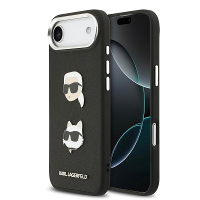 Apple iPhone 17 Air Kılıf Karl Lagerfeld Orjinal Lisanslı Metal Logolu K&C Heads Pin Kapak Siyah