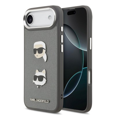 Apple iPhone 17 Air Kılıf Karl Lagerfeld Orjinal Lisanslı Metal Logolu K&C Heads Pin Kapak Gri