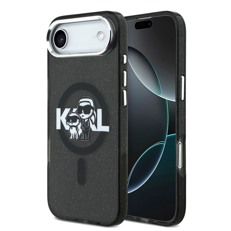 Apple iPhone 17 Air Kılıf Karl Lagerfeld Orjinal Lisanslı Parlayan Simli Karl & Choupette Sketch Logo Kapak - 2