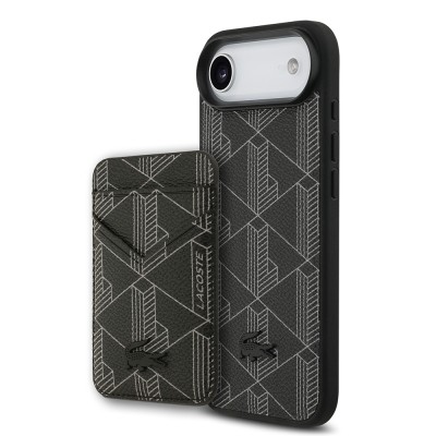 Apple iPhone 17 Air Kılıf Lacoste Orjinal Lisanslı M-safe Şarj Özellikli PU Deri Tasarımlı Kartlıklı Karışık Monogram Desenli Kapak Siyah
