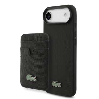 Apple iPhone 17 Air Kılıf Lacoste Orjinal Lisanslı M-safe Şarj Özellikli PU Pike Desenli Metal Logolu Kartlıklı Kapak Siyah