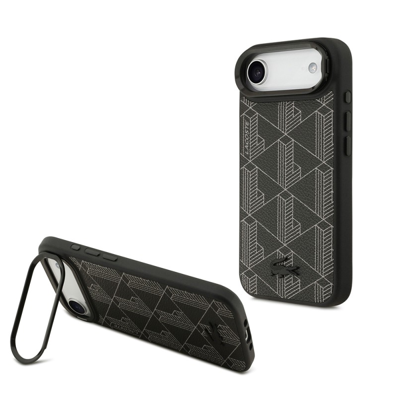 Apple iPhone 17 Air Kılıf Lacoste Orjinal Lisanslı M-safe Şarj Özellikli Standlı PU Deri Karışık Monogram Desenli Kapak - 1