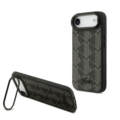 Apple iPhone 17 Air Kılıf Lacoste Orjinal Lisanslı M-safe Şarj Özellikli Standlı PU Deri Karışık Monogram Desenli Kapak - 2