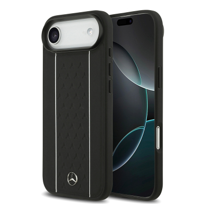 Apple iPhone 17 Air Kılıf Mercedes Benz Orjinal Lisanslı M-safe Şarj Özellikli Şeritli Yıldız Desenli Metal Logolu Deri Kapak - Mercedes Benz