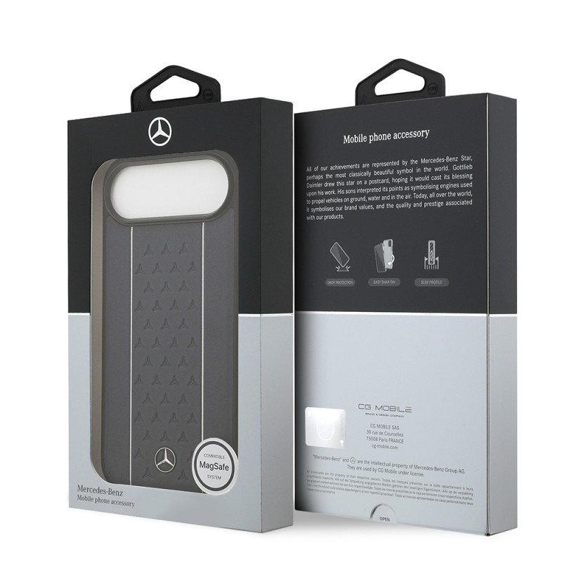 Apple iPhone 17 Air Kılıf Mercedes Benz Orjinal Lisanslı M-safe Şarj Özellikli Şeritli Yıldız Desenli Metal Logolu Deri Kapak - 17