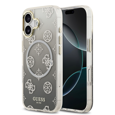 Apple iPhone 17 Case Guess Original Licensed M-safe Charging Feature Glittery Peony Patterned Silicone Cover - Guess