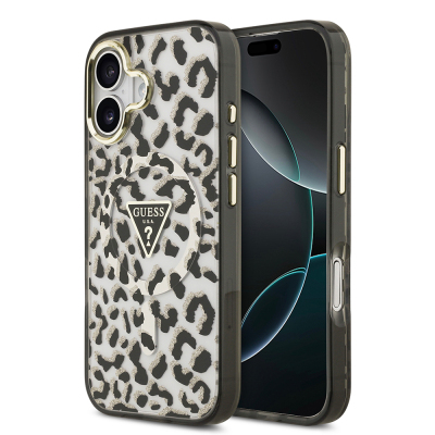 Apple iPhone 17 Case Guess Original Licensed M-Safe Charging Feature Triangle Logo Glitter Leopard Pattern Cover - Guess