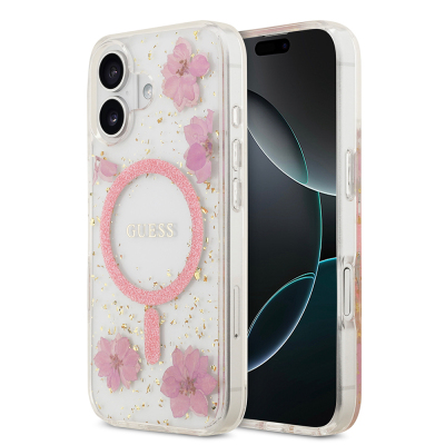 Apple iPhone 17 Case Guess Original Licensed M-safe Charging Special Transparent Resin Flowers Cover - Guess