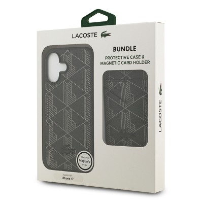 Apple iPhone 17 Case Lacoste Original Licensed M-Safe Charging Feature PU Leather Design Card Holder Mixed Monogram Pattern Cover - 13