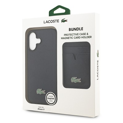 Apple iPhone 17 Case Lacoste Original Licensed M-Safe Charging Feature PU Pique Pattern Metal Logo Card Holder Cover - 44