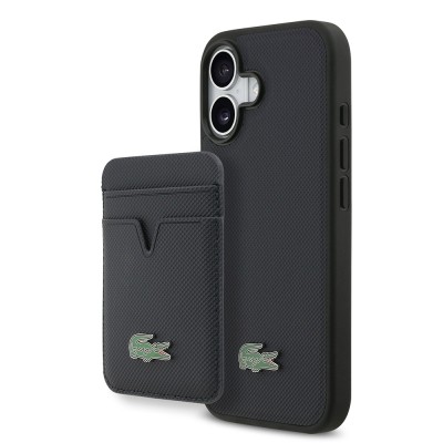 Apple iPhone 17 Case Lacoste Original Licensed M-Safe Charging Feature PU Pique Pattern Metal Logo Card Holder Cover - 3