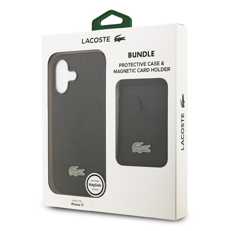 Apple iPhone 17 Case Lacoste Original Licensed M-Safe Charging Feature PU Pique Pattern Metal Logo Card Holder Cover - 45