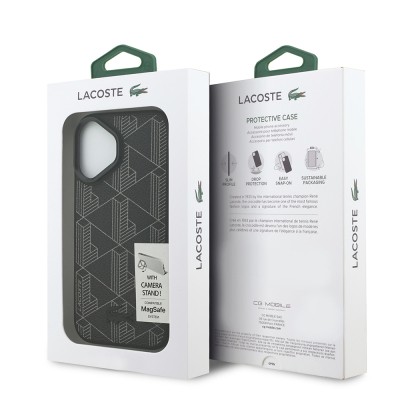 Apple iPhone 17 Case Lacoste Original Licensed M-safe Charging Feature Stand PU Leather Mixed Monogram Pattern Cover - 9