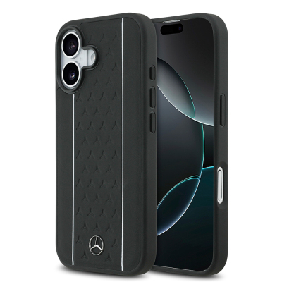 Apple iPhone 17 Case Mercedes Benz Original Licensed M-Safe Charging Feature Striped Star Patterned Metal Logo Leather Cover - Mercedes Benz