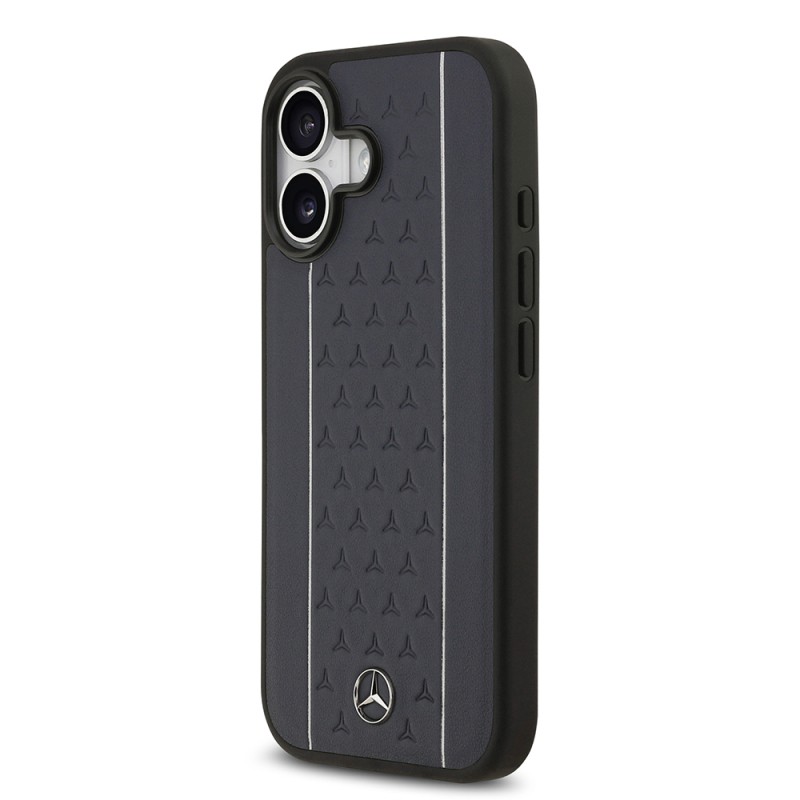 Apple iPhone 17 Case Mercedes Benz Original Licensed M-Safe Charging Feature Striped Star Patterned Metal Logo Leather Cover - 12
