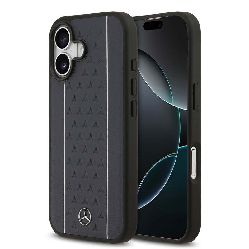 Apple iPhone 17 Case Mercedes Benz Original Licensed M-Safe Charging Feature Striped Star Patterned Metal Logo Leather Cover - 3