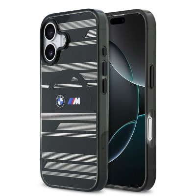Apple iPhone 17 Kılıf BMW Orjinal Lisanslı M-safe Şarj Özellikli Metal Kamera Butonlu Yatay Şeritli M Dizayn Kapak Siyah