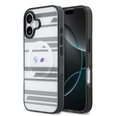 Apple iPhone 17 Kılıf BMW Orjinal Lisanslı M-safe Şarj Özellikli Metal Kamera Butonlu Yatay Şeritli M Dizayn Kapak Gümüş
