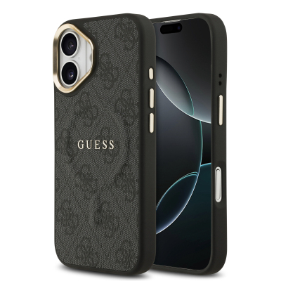 Apple iPhone 17 Kılıf Guess Orjinal Lisanslı M-safe Şarj Özellikli Gold Metal Kamera Çerçeveli PU Deri 4G Desenli Yazı Logolu Kapak - Guess