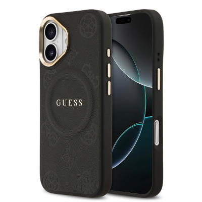 Apple iPhone 17 Kılıf Guess Orjinal Lisanslı M-safe Şarj Özellikli Sıcak Baskılı Yazı Logolu PU Deri Peony Kapak - Guess