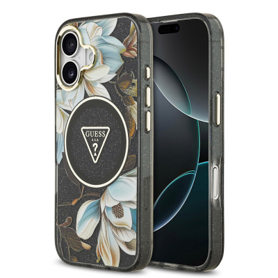 Apple iPhone 17 Kılıf Guess Orjinal Lisanslı M-safe Şarj Özellikli Simli Çiçek Desenli Metal Kamera Çerçeveli Üçgen Logolu Kapak - Guess