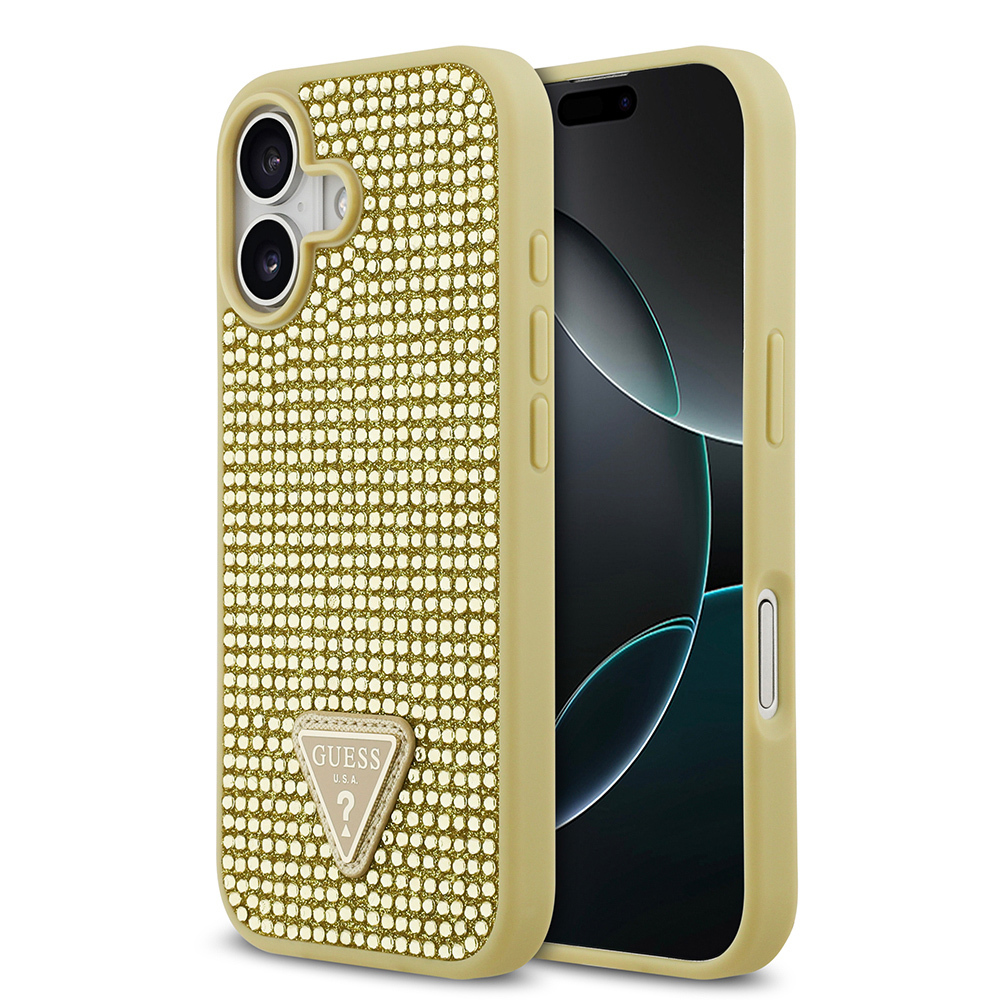 Apple iPhone 17 Kılıf Guess Orjinal Lisanslı Taşlı Arka Yüzey Üçgen Logolu Kapak - Gold