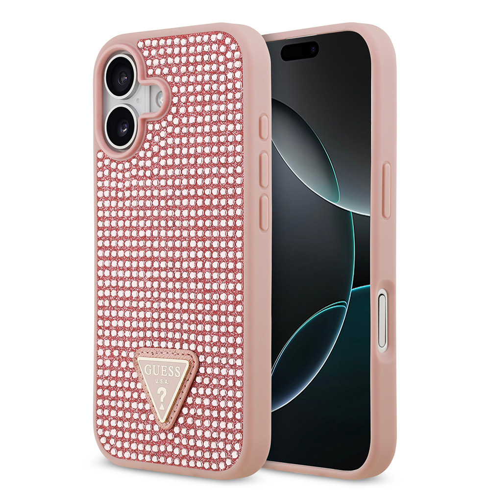 Apple iPhone 17 Kılıf Guess Orjinal Lisanslı Taşlı Arka Yüzey Üçgen Logolu Kapak - Pembe