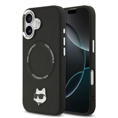 Apple iPhone 17 Kılıf Karl Lagerfeld Orjinal Lisanslı M-safe Şarj Özellikli Metal Kamera ve Buton Tasarımlı Choupette PU Deri Kapak Siyah