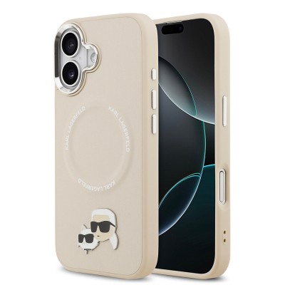 Apple iPhone 17 Kılıf Karl Lagerfeld Orjinal Lisanslı M-safe Şarj Özellikli Metal Kamera ve Buton Tasarımlı K&C PU Deri Kapak Bej