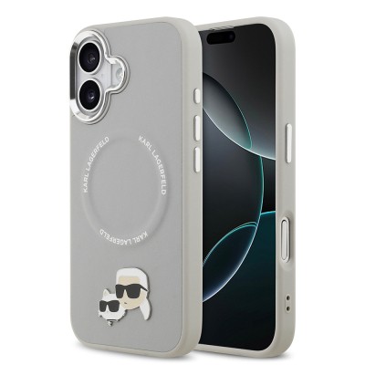 Apple iPhone 17 Kılıf Karl Lagerfeld Orjinal Lisanslı M-safe Şarj Özellikli Metal Kamera ve Buton Tasarımlı K&C PU Deri Kapak Gri