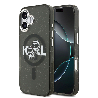 Apple iPhone 17 Kılıf Karl Lagerfeld Orjinal Lisanslı Parlayan Simli Karl & Choupette Sketch Logo Kapak - Karl Lagerfeld