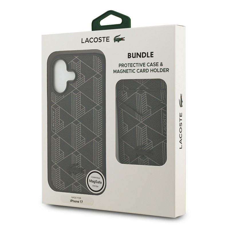 Apple iPhone 17 Kılıf Lacoste Orjinal Lisanslı M-safe Şarj Özellikli PU Deri Tasarımlı Kartlıklı Karışık Monogram Desenli Kapak - 13