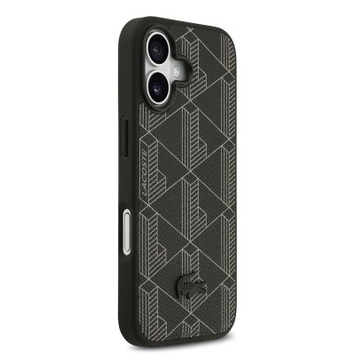 Apple iPhone 17 Kılıf Lacoste Orjinal Lisanslı M-safe Şarj Özellikli PU Deri Tasarımlı Kartlıklı Karışık Monogram Desenli Kapak Siyah