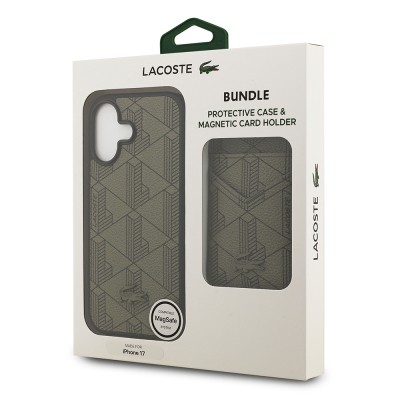 Apple iPhone 17 Kılıf Lacoste Orjinal Lisanslı M-safe Şarj Özellikli PU Deri Tasarımlı Kartlıklı Karışık Monogram Desenli Kapak - 14