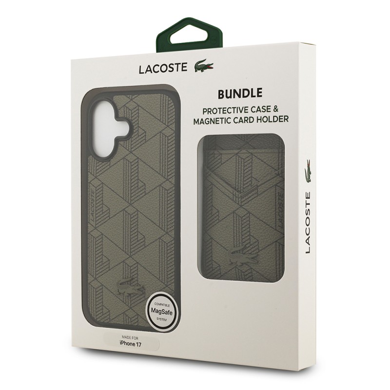 Apple iPhone 17 Kılıf Lacoste Orjinal Lisanslı M-safe Şarj Özellikli PU Deri Tasarımlı Kartlıklı Karışık Monogram Desenli Kapak - 14