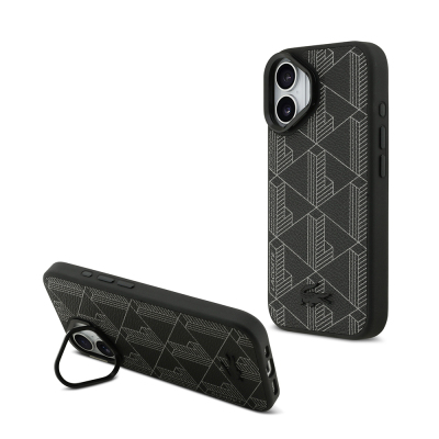 Apple iPhone 17 Kılıf Lacoste Orjinal Lisanslı M-safe Şarj Özellikli Standlı PU Deri Karışık Monogram Desenli Kapak - Lacoste