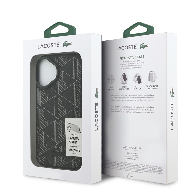 Apple iPhone 17 Kılıf Lacoste Orjinal Lisanslı M-safe Şarj Özellikli Standlı PU Deri Karışık Monogram Desenli Kapak - 9