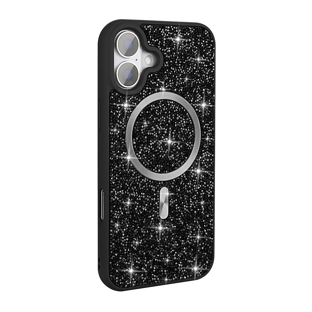 iPhone 17 Kılıf Pırlanta Tasarımlı M-safe Şarj Özellikli Zore Mozaik Silikon Kapak - Siyah